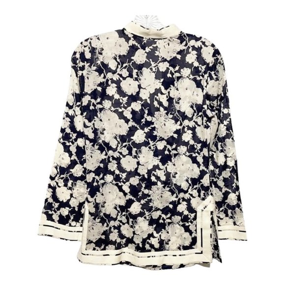 Tory Burch Size 0 Black White Floral Long Sleeve Split Neck Tunic Top - Picture 3 of 7